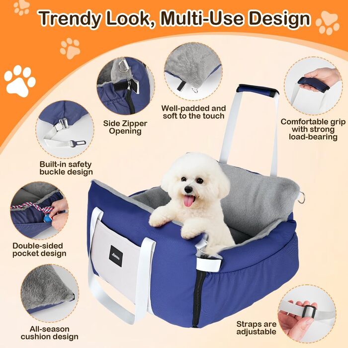 Автомобільний лежак для собак 3-в-1 - переносна ліжко для маленьких собак, з м'яким килимком, для переднього або заднього сидіння, внутрішнє та зовнішнє використання (04-Блакитний)