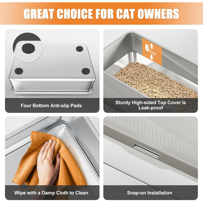 Квітковий горщик для котів Erinaik, нержавіюча сталь з кришкою, XL, для великих котів, білий/світло-сірий