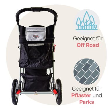 Візок для собак Innopet Comfort Air Eco чорного та срібного кольору – візок для собак/кішок з 30 см повітряними колесами, складаний, для лісових доріжок, світловідбиваючі смуги, органайзер, матеріал з переробленого нейлону