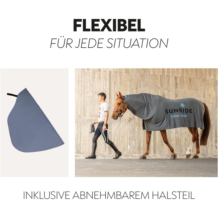 Охладна ковдра SUNRIDE для коней (Cool Down) 3-частинна - з накидкою на голову та тканиною - миттєвий охолоджуючий ефект завдяки випарній прохолоді - екологічна, проста у використанні - сіра (125 см)