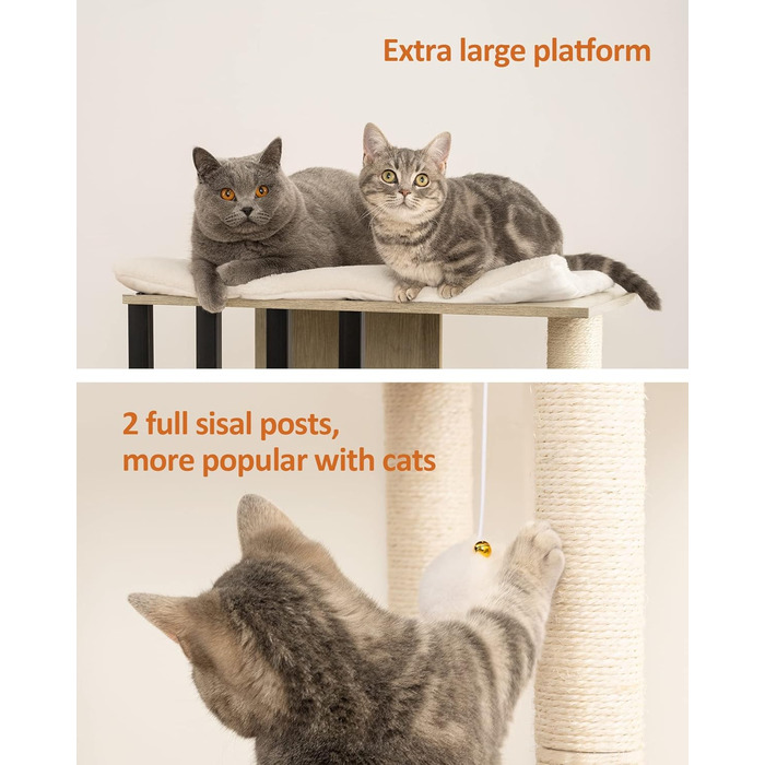 Сучасний котячий дряпак FourFurPets, 111 см, 3 рівні, 2 стовпи з сизалю, 3 великі платформи, сірий беж