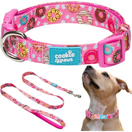 Нашийник і повідок для великих собак Cookie Paws, м'який неопрен, зручний, регульований, швидка застібка, міцний, дихаючий, легко чиститься, рожевий з пончиками, стильний