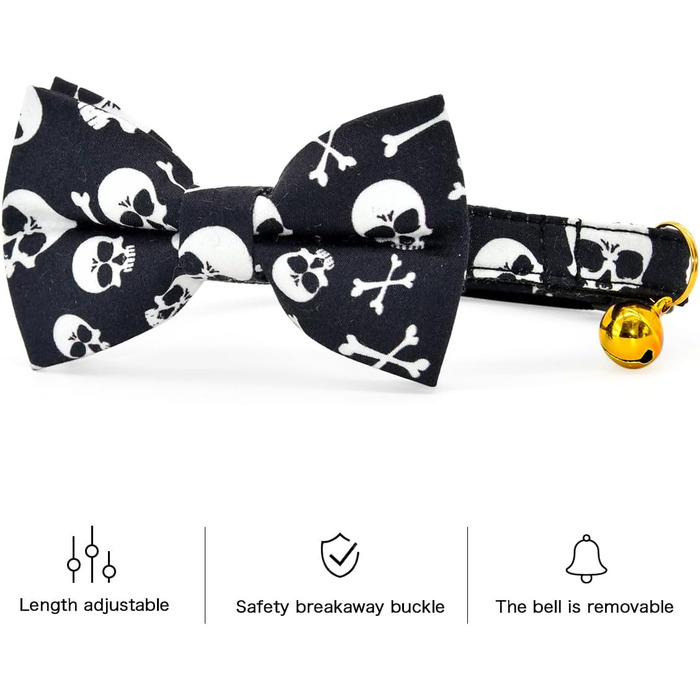 Чорний метелик для котів з черепами та перехрещеними кістками, нашийник-запобіжник, тематика Хелловін, аксесуари для котів, розмір XS (20,3-33 см)