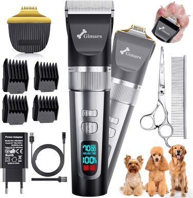 Гімрас 6-в-1 професійна машинка для стрижки собак з набором ножиць, 7000 об/хв, тиха, акумуляторна, для густого хутра, 4-в-1 триммер для лап, срібна