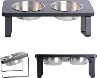 Підвищена годівниця для котів, ергономічна миска для котів, годівниця з кераміки та дерева, піднята годівниця для котів та маленьких собак (Noir - нержавіюча сталь)