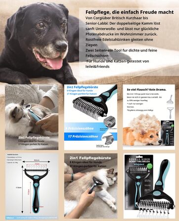 Гребінець для собак та котів проти вичісування – ергономічна ручка, міцний, 17/9 зубців, видаляє ковтуни та підшерстя, дешадінг-щітка для довгошерстих та короткошерстих порід (Синьо-чорний)