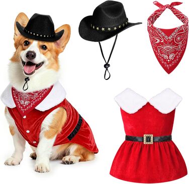 Костюм ковбоя для домашніх тварин SANSTHS, Halloween, червоне різдвяне вбрання з міні-ковбойським капелюхом та банданою для собак та котів, розмір M (великий, червоне вбрання та бандана з чорним капелюхом)