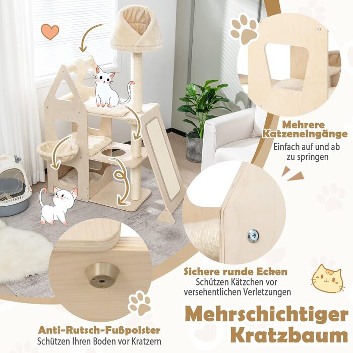 Дерев'яний кігтеточки Costway 155 см: кігтеточки для котів з м'ячем, сизаль, пандус, кошик, активний комплекс, ігровий будиночок, кімнатний кігтеточки, бежевий