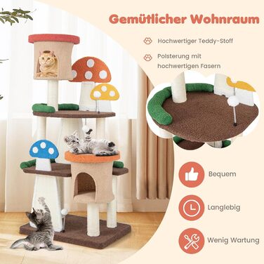 Кігтеточка для котів COSTWAY у формі гриба з будиночком, котячий будиночок з сизалевим ковзанням та іграшкою, дерев'яна кігтеточка для котів (69x49x146 см, кольорова)