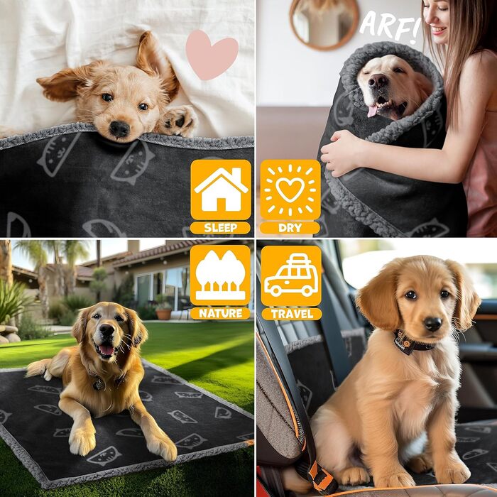 Lovpet® водонепроникна флісова ковдра для собак і котів XL, 152x127 см, з 3 жувальними кістками, двосторонній захист меблів, машинне прання, чорна