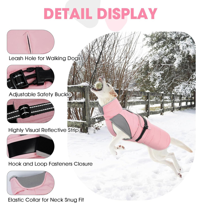 Зимовий теплий куртка для собак Nanaki з флісовою підкладкою, водонепроникний, світловідбиваючий, з отвором для повідка, пухнастий комір, середній розмір, для прогулянок на вулиці, полювання, простий у використанні (Large, Pink)