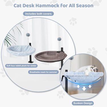 Крісло-гамак для кота Odoland - 360° обертання, регулювання висоти, м'яка лежанка для офісу, 2 знімні чохли, сірий колір