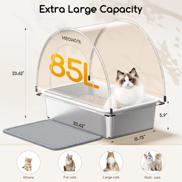 Лоток для котів MeoWant з нержавіючої сталі, великий, з дахом, герметичний, антибактеріальний, легко миється, білий