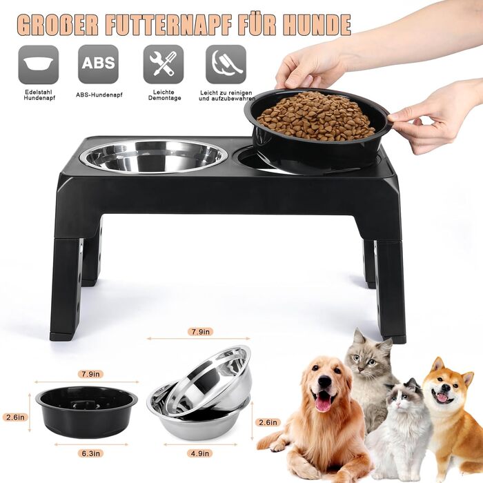 Підвищена годівниця для собак з регулюванням висоти, 4 положення, 2 миски з нержавіючої сталі та 1 миска для повільного годування, станція для годування собак великих, середніх та маленьких порід