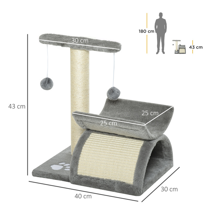 PawHut Cat tree маленьке, 43H см, до 10 кг, з лежачою поверхнею, тунель, іграшковий м'яч, сизаль, світло-сірий | Аосом
