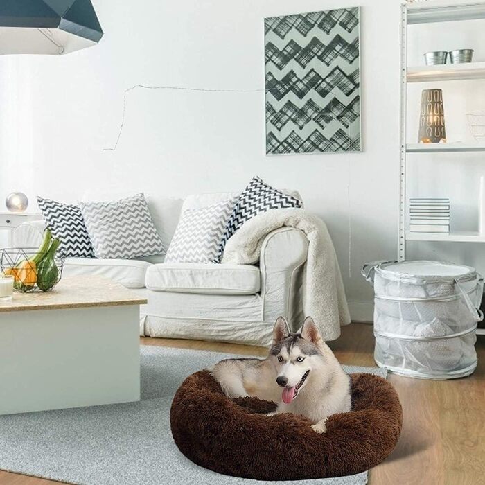 Ортопедичне кругле ліжко для собак XL, великих та середніх порід. Зручне, антистресове, з ефектом пам'яті, водонепроникне, коричневе, діаметр 60 см.