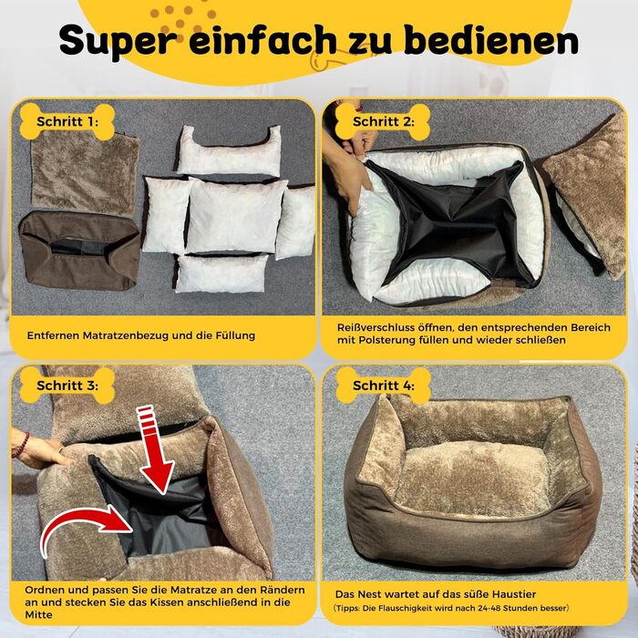 Ортопедичне ліжко для собак маленьких та середніх порід, 52x41x16 см, м'яке та зручне, кошик для собак з високим бортиком, знімний та пральний чохол, неслизьке, світло-сірий, для дому та авто