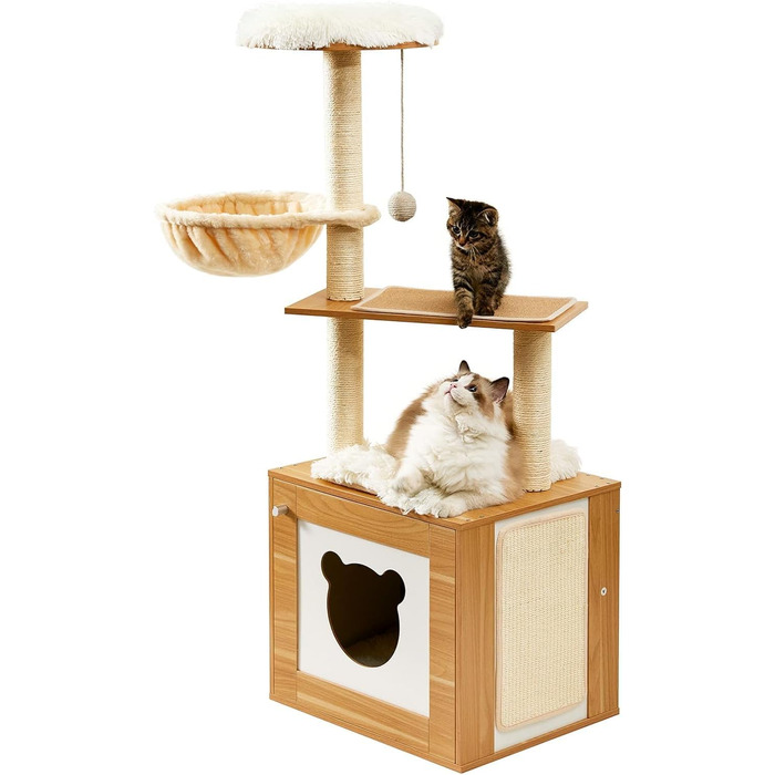 Made4Pets Котячий комплекс з туалетом, 2-в-1 сучасний котячий будиночок для кімнатних котів, 123,4 см, дерев'яний кондо з дряпаком, гамаком і знімною килимкою для великих котів