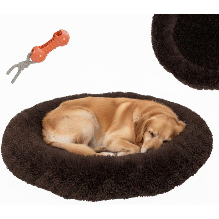BENNO® Hundebett BALU - Кругле ліжко для собак 70x70x16 см, коричневе, з підстилкою, антиковзаюче, з іграшкою, миється