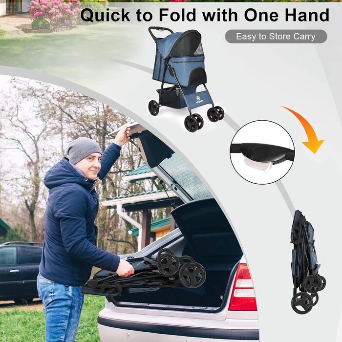 Дитяча коляска для собак та котів, універсальна, 4 колеса, швидко складається, легка, для середніх та маленьких тварин (Морський колір)