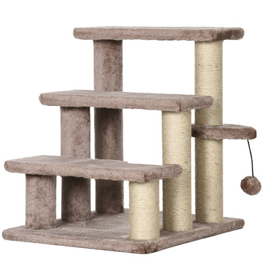 PawHut Cat Stairs Сходи для домашніх тварин для котів та собак 3 сходинки з кігтеточками Play Ball Plush Brown 45x40x48см для більшого комфорту