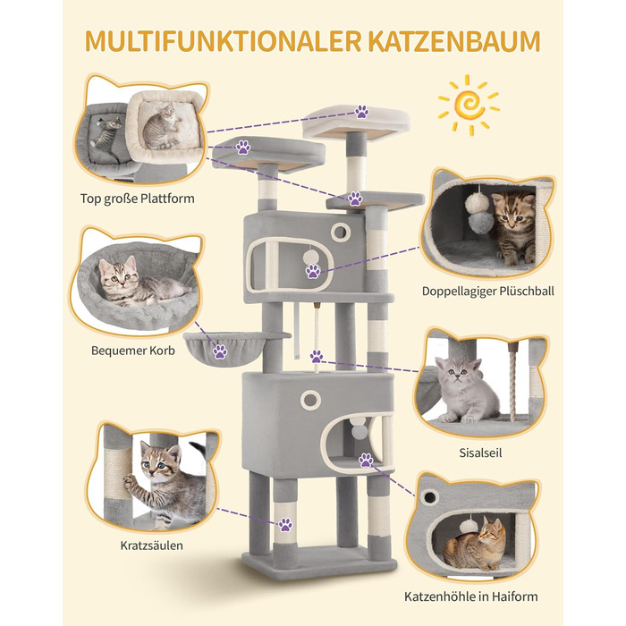 Кігтеточка для котів Hzuaneri, 159 см, з 8 стовпчиками, 3 платформами, 2 ховалами, корзиною, плюшевими кульками, мотузкою з сизалю, підходить для котів різних розмірів, MS15918LG (XL, світло-сірий)