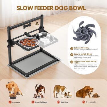 Підвищена годівниця для собак Sunowl, регульована по висоті та куту нахилу, 0-90°, 2 миски з нержавіючої сталі, повільне годування, не проливається, з килимком