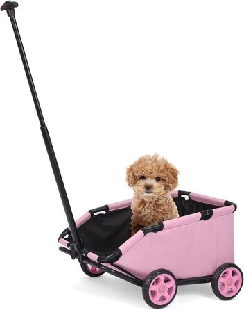 Міні-візок для маленьких тварин, складний багатофункціональний візок для покупок з висувною ручкою, для прогулянок на вулиці, з вбудованим матрацом та страхувальним тросом, з кишенькою для зберігання (Рожевий)