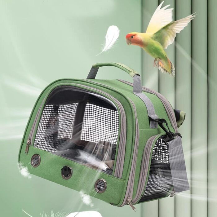 Клітка для папуг – переноска для маленьких тварин | Клітка-переноска для птахів з жердкою | Сумка для папуг | Дихаюча переноска на блискавці | Універсальна переноска для тварин (Зелена)