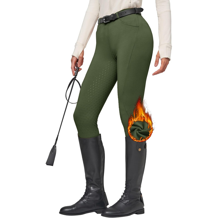 Спортивні штани для верхової їзди WILLIT Daen з флісовою підкладкою, силіконовим повним захопленням, кишенями та петлями для ременя (S, армійсько-зелений)