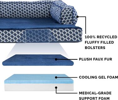 FurHaven Лежанка для собак та котів, плюш та декор, зручна, стилізу під диван, з охолоджуючим гелевим шаром, знімний чохол, блакитний діамант, розмір M (135 x 102 x 27 см)