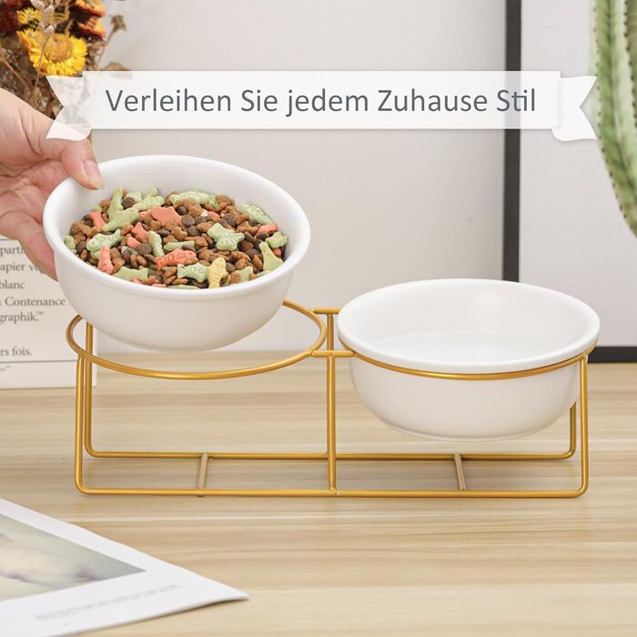 Підвищений набір мисок для собак та котів з підставкою - 2 шт. по 480 мл, кераміка, білий