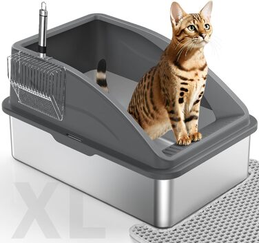 Лотки для котів Sprifityy, нержавіюча сталь XXL, з лопаткою та килимком, легко миються, без запаху, напіввідкриті, об'єм 28 л (темно-сірий), 60 x 40 x 31 см
