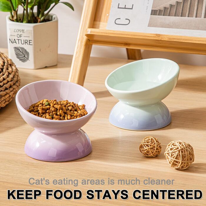 Підвищений годівниця для котів з кераміки, нахилений миска для води або корму, порцеляна, без стресу, запобігання зворотному потоку, придатний для миття в посудомийній машині та мікрохвильовій печі, колір лаванди з градієнтом