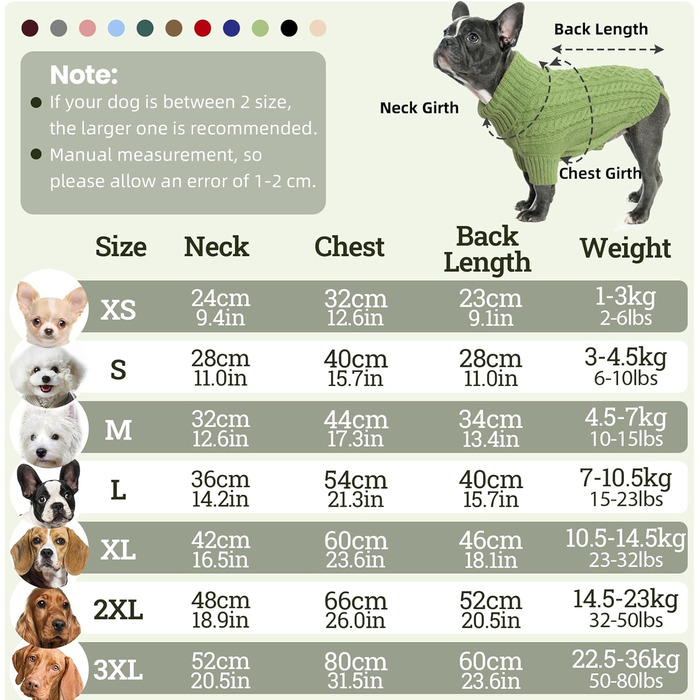 Пуловер для собак на Різдво - теплий собачий светр, маленькі породи, водолазка з отвором для повідка, різдвяний пуловер для чихуахуа, рейнхаунд, котів (S) S(Обхват грудей 40см, довжина спини 28см) (3XL(Обхват грудей 80см, довжина спини 60см), Трава, Зелен