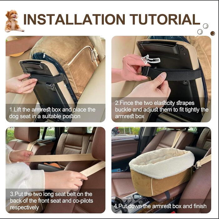 Автокрісло для собак, підходить для маленьких собак до 13,6 кг, з підголівником та безпечним ременем, коричневе, з кишеньками для зберігання