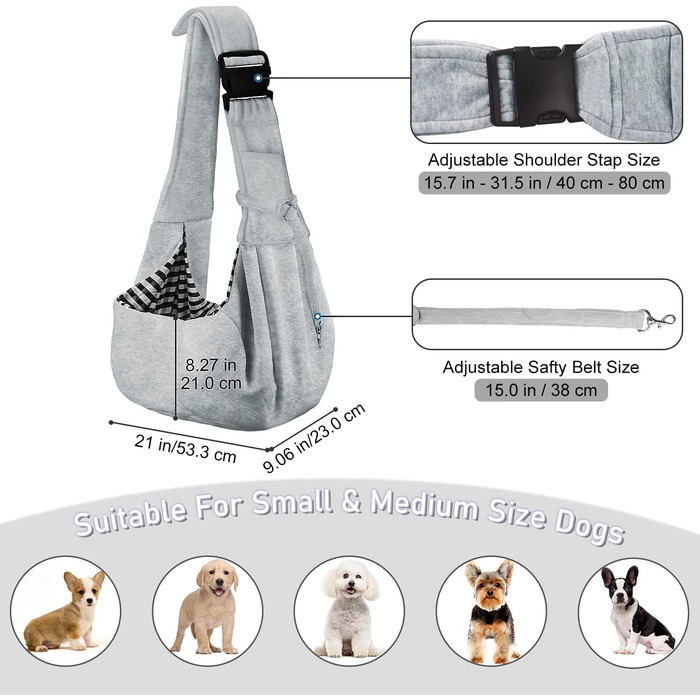 PetLoft Сумка-переноска для собак, реверсивна, регульована, крос-боді, з отвором для повідка, сіра