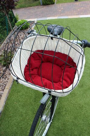 Корзина для собак на велосипедний кермо з ротангу з металевою сіткою та подушкою, білий ротанговий кошик для собак (з подушкою)