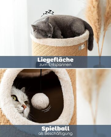 Котячий когтетоп Lionto з сизалю з іграшковим м'ячиком та плюшевим обідком, висота 50 см. Стабільний когтетоп для кошенят та дорослих котів, ідеальний догляд за кігтями та розваги, багато місць для хованнів, діаметр 36 см, висота 50 см (джут, висота 70 см