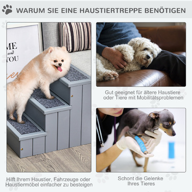 PawHut Pet Stairs Сходи для собак з 3 сходинками та килимом, для зберігання, сірий, 40.5x44.5x38 см для маленьких собак та котів