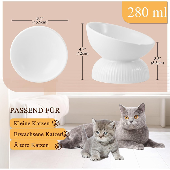 Підвищена годівниця для котів з кераміки - нахилена миска проти блювоти для котів - 280 мл, діаметр 15,5 см, біла