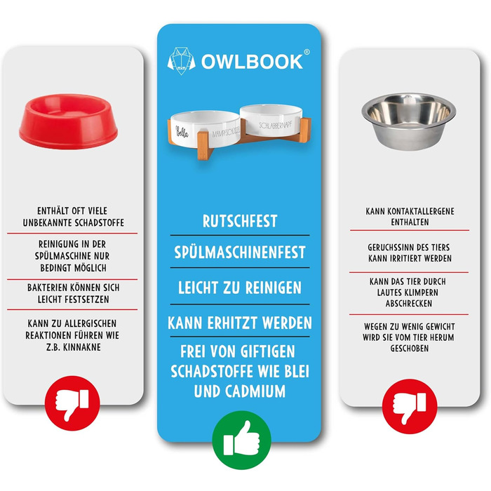 Миска для собак OWLBOOK з гравіюванням імені, керамічна миска для корму та води з бамбуковим підставкою, 300 мл