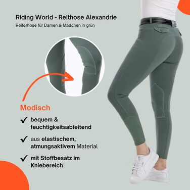 Лосини для верхової їзди Riding World Alexandrie для жінок та дітей | Лосини з накладками на колінах, кишені, 6 кольорів, розміри 104-176 та 32-44, колір: зелений
