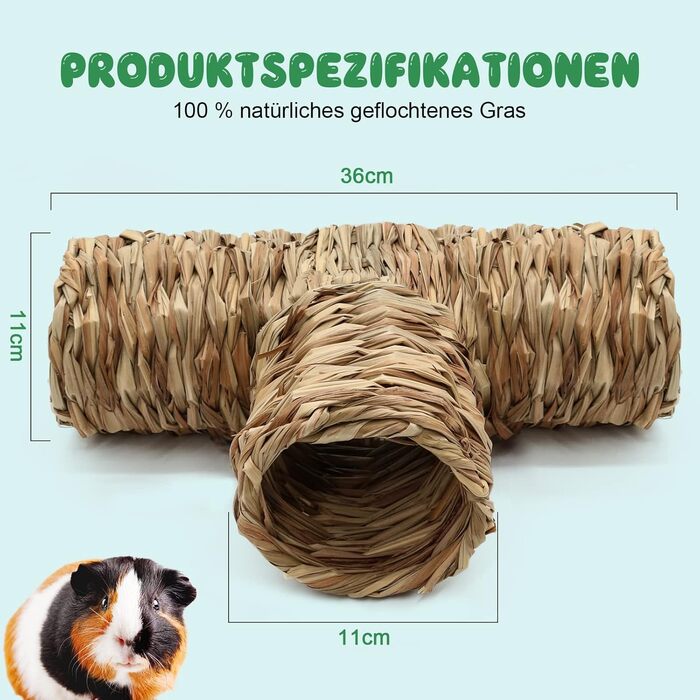 Туннель-укриття для гризунів RANYPET з натурального сухого трави, для хом'яків, морських свинок, єнотів, шиншил, їжаків