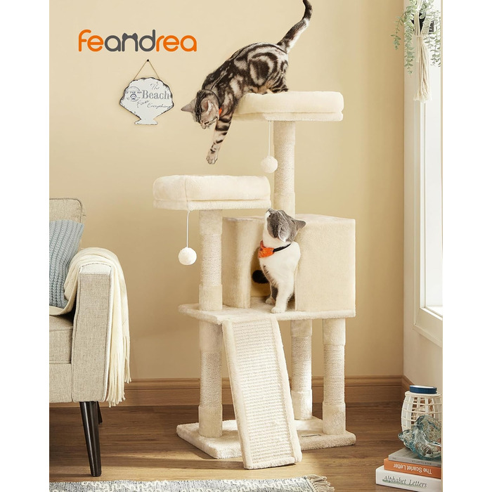 Дряпка для котів Feandrea, 115 см, кремово-білий колір, з дряпальною дошкою (50 x 35 x 115 см)