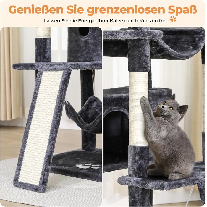 Котячий дім MSMask XXL 194 см, когтеточка, 3 великі лежаки, 2 будиночки, сизалеві стовпи, гамак, драпак, димчасто-сірий