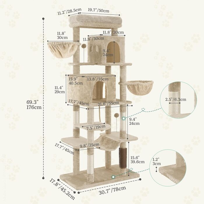 Драбина для котів YITAHOME - кігтеточка, будиночок, велика платформа, товсті стовпи (11 см), м'яке ліжко, 50 x 50 x 157 см (Бежевий)