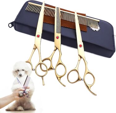 Набір професійних ножиць для грумінгу собак (7 шт.) | З нержавіючої сталі | Ножиці для догляду за тваринами [Золотий]