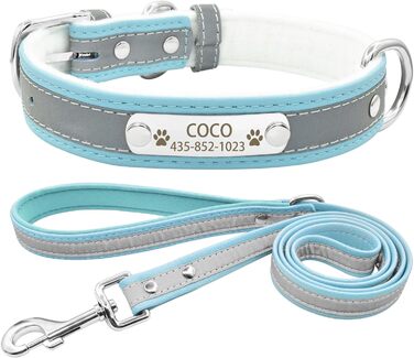Іменний світловідбиваючий нашийник та поводок для собак та котів Senristar, блакитний комплект. Персоналізований нашийник з гравіюванням, XS (ширина 1,5 см, обхват шиї 19-25 см)