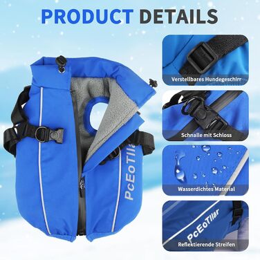 Водонепроникний собачий плащ PcEoTllar для маленьких собак, тепла куртка з шлейкою для зими, костюм для катання на лижах, бавовна, блакитний собачий пуловер L